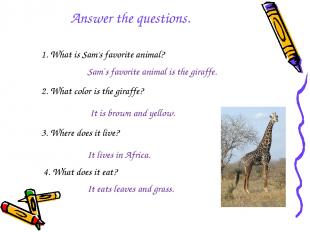 1. What is Sam's favorite animal? Sam`s favorite animal is the giraffe. 2. What