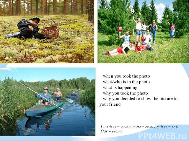 Pine-tree – сосна, moss – мох, fir- tree – ель, Oar – весло when you took the photo what/who is in the photo what is happening why you took the photo why you decided to show the picture to your friend