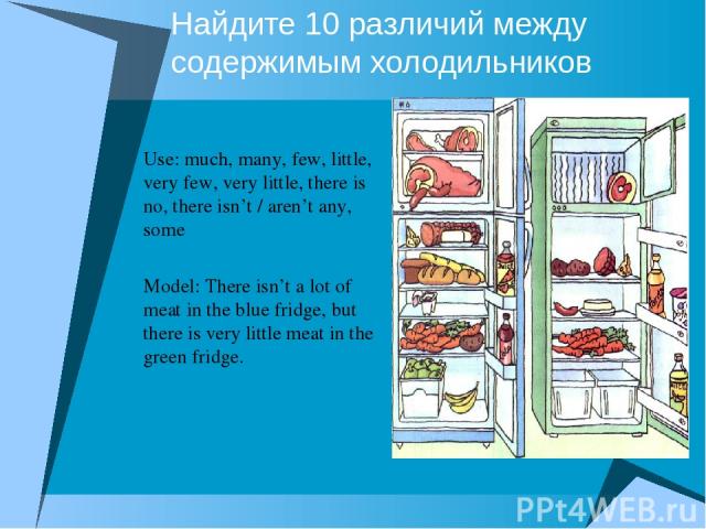 Найдите 10 различий между содержимым холодильников Use: much, many, few, little, very few, very little, there is no, there isn’t / aren’t any, some Model: There isn’t a lot of meat in the blue fridge, but there is very little meat in the green fridge.