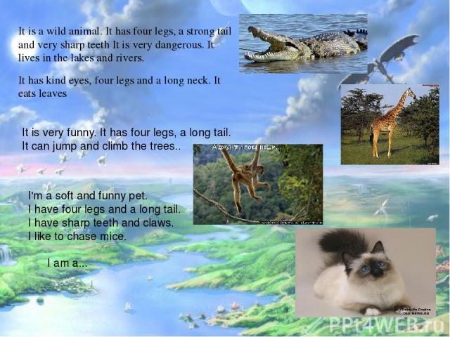 It is a wild animal. It has four legs, a strong tail and very sharp teeth It is very dangerous. It lives in the lakes and rivers. It has kind eyes, four legs and a long neck. It eats leaves It is very funny. It has four legs, a long tail. It can jum…
