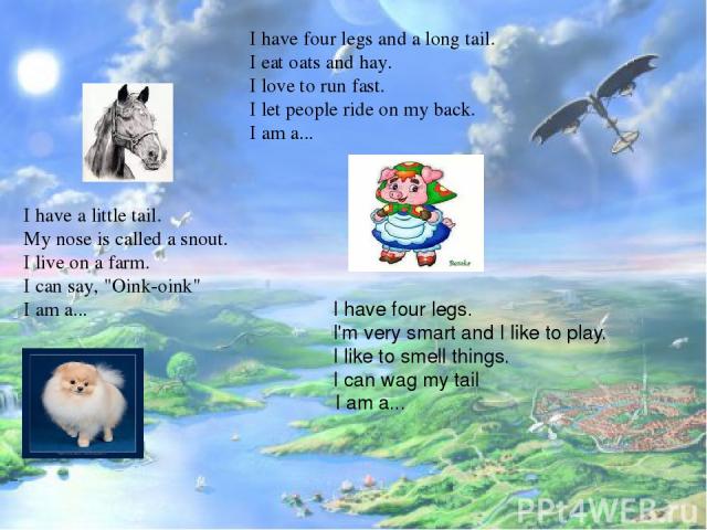 I have four legs and a long tail. I eat oats and hay. I love to run fast. I let people ride on my back. I am a... I have a little tail. My nose is called a snout. I live on a farm. I can say, 
