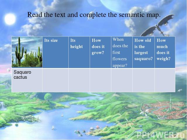 Read the text and complete the semantic map.         Its size Its height How does it grow? When does the first flowers appear? How old is the largestsaquaro? How much does it weigh? Saquarocactus