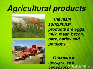 Agricultural products The main agricultural products are eggs, milk, meat, bacon