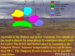 Australia is the flattest and driest continent. Two-thirds of the land is desert