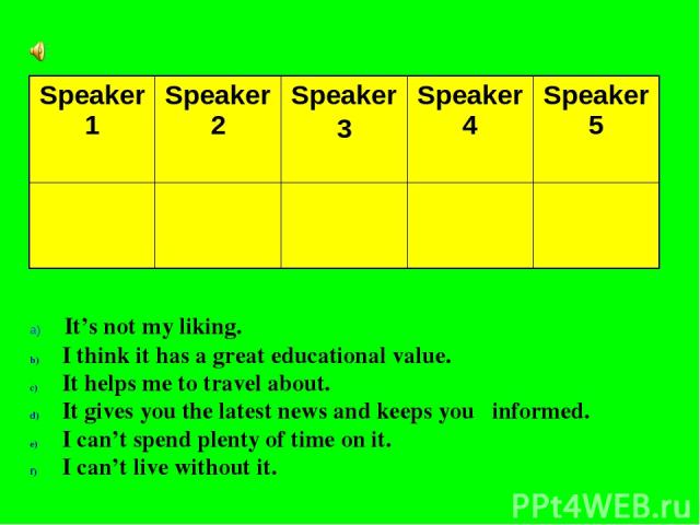 It’s not my liking. I think it has a great educational value. It helps me to travel about. It gives you the latest news and keeps you informed. I can’t spend plenty of time on it. I can’t live without it. Speaker1 Speaker2 Speaker 3 Speaker4 Speaker5