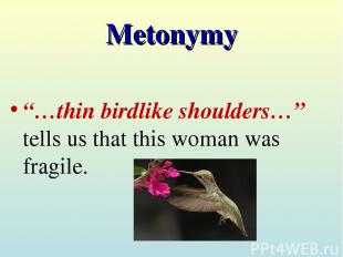 Metonymy “…thin birdlike shoulders…” tells us that this woman was fragile.