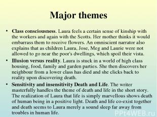 Major themes Class consciousness. Laura feels a certain sense of kinship with th