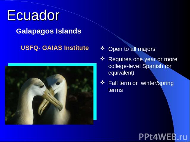 Ecuador Galapagos Islands Open to all majors Requires one year or more college-level Spanish (or equivalent) Fall term or winter/spring terms USFQ- GAIAS Institute
